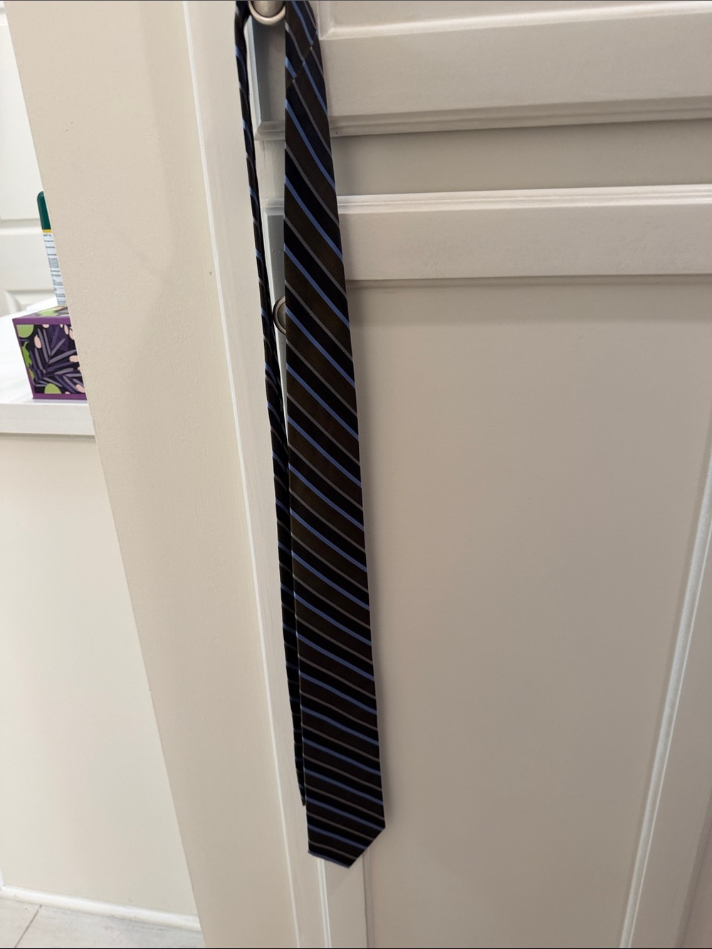 Pronto Uomo Black, Olive and Blue Silk Tie with Blue Diagonal Stripes